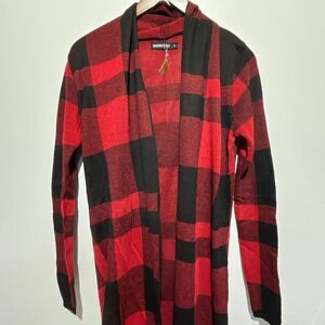 Domani Womens Red Black Buffalo Plaid Knit Open Front Cardigan Sweater Small NWT